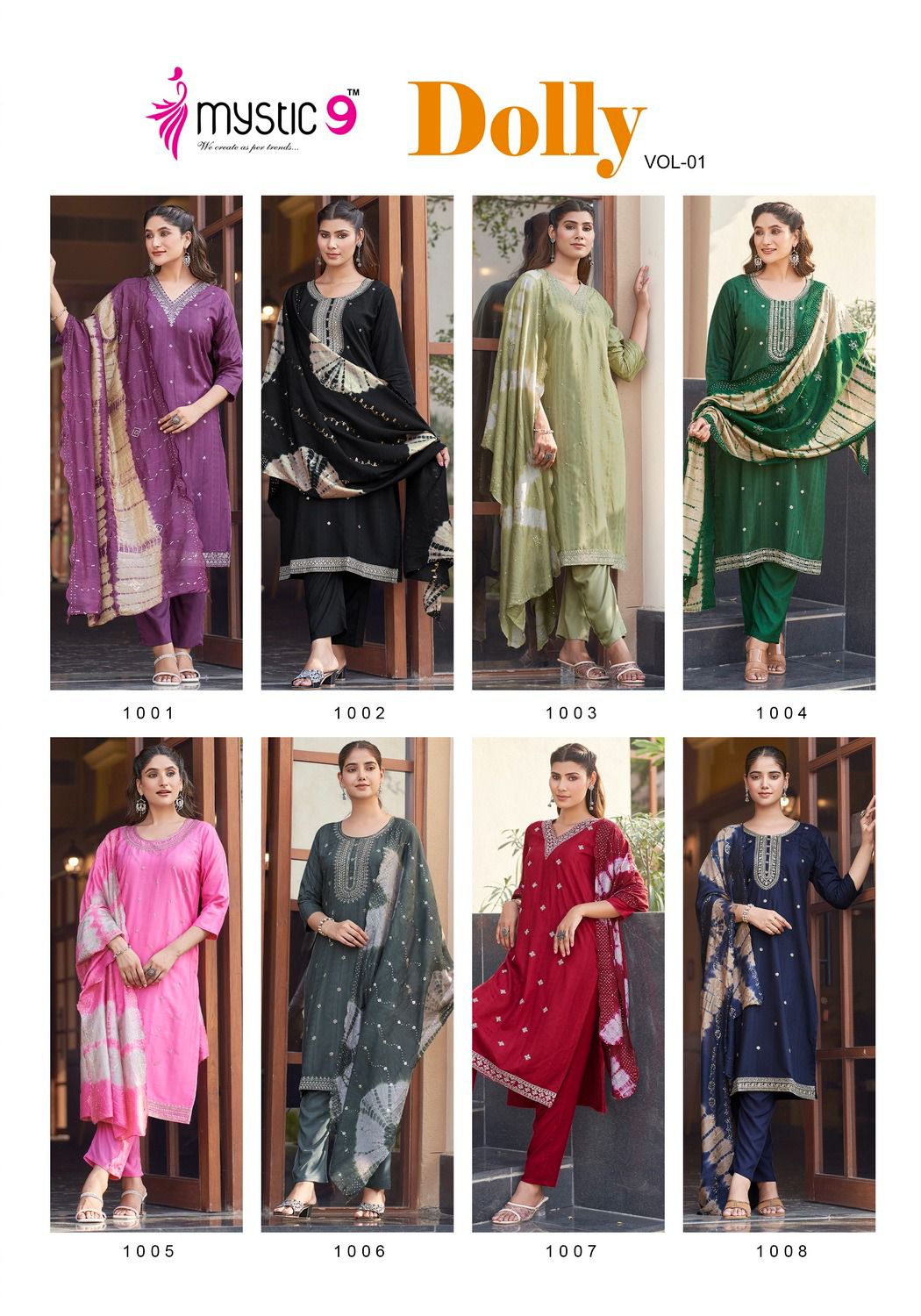 Dolly Vol 1 By Mystic 9 D Rayon Embroidery Kurti With Bottom Dupatta Wholesale Price In Surat
